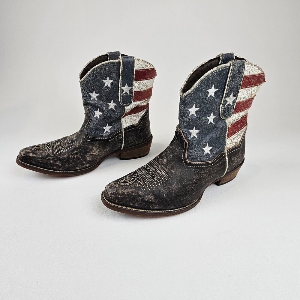 Roper Womens 9.5 American Flag Cowboy Boots Distressed Leather Western USA